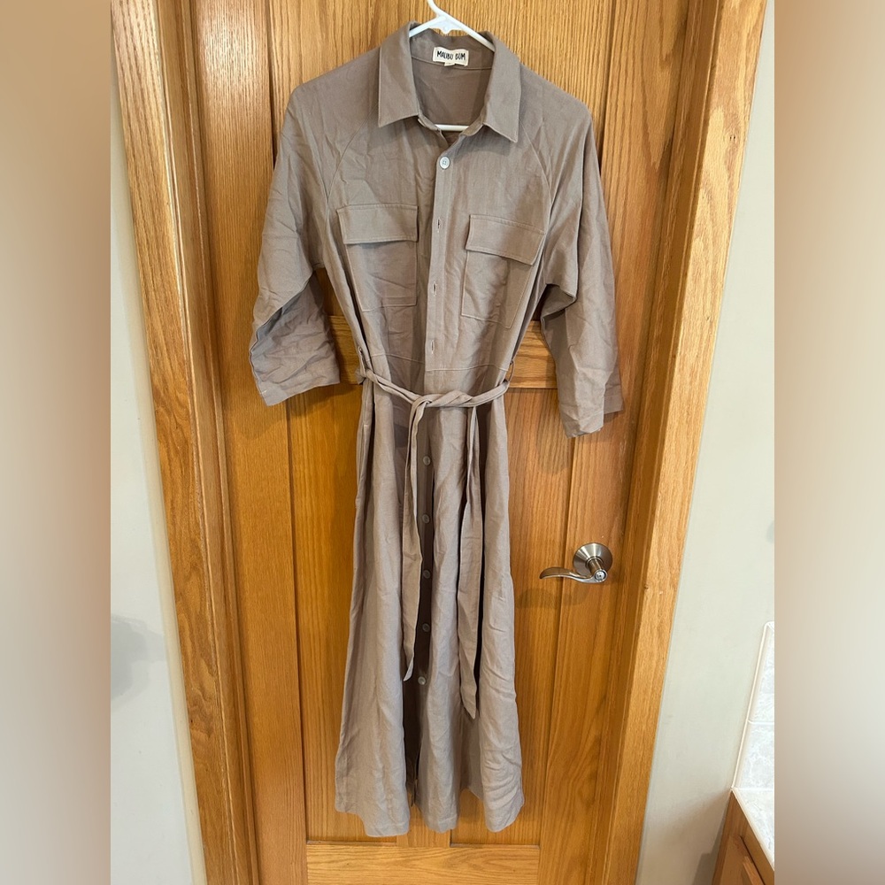 Malibu Bum Khaki Maxi‎ Button Down Tie Dress S
